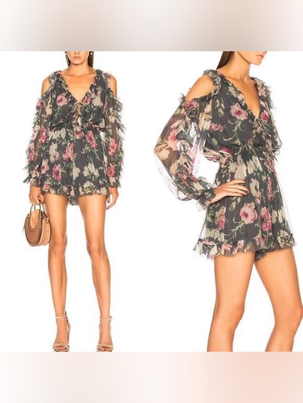 Zimmermann Gray Floral Cold-Shoulder Ruffle Mini Dress with Pink Flowers